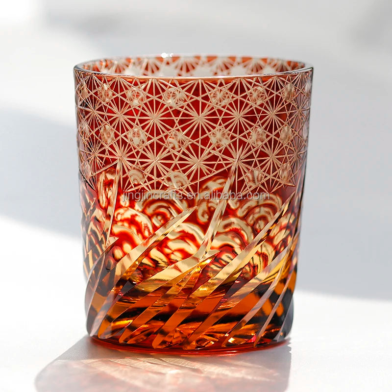 Hand Carved Cylinder Whiskey Glass Japanese Style Mojito Tumbler 8 oz Crystal Glass Whisky Tumbler Cut to Amber Drinking Glass