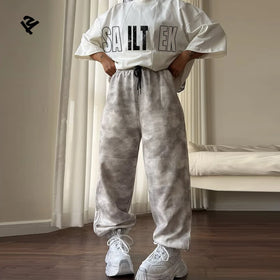 Custom logo Sweatsuit Women 100% Cotton Two Piece T Shirt and Wide Leg Sweatpants Set Wholesale Tracksuit Jogging Suits