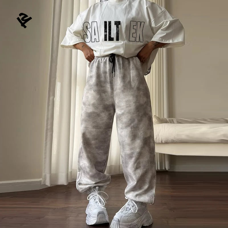 Custom logo Sweatsuit Women 100% Cotton Two Piece T Shirt and Wide Leg Sweatpants Set Wholesale Tracksuit Jogging Suits