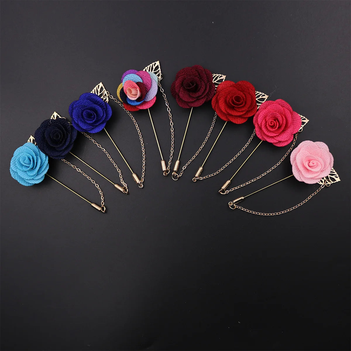 Custom Handmade Rose Flower Brooch Golden Leaves Chain Lapel Pins for Suit Men Wedding Jewelry Brooches Boutonniere Flower Pin