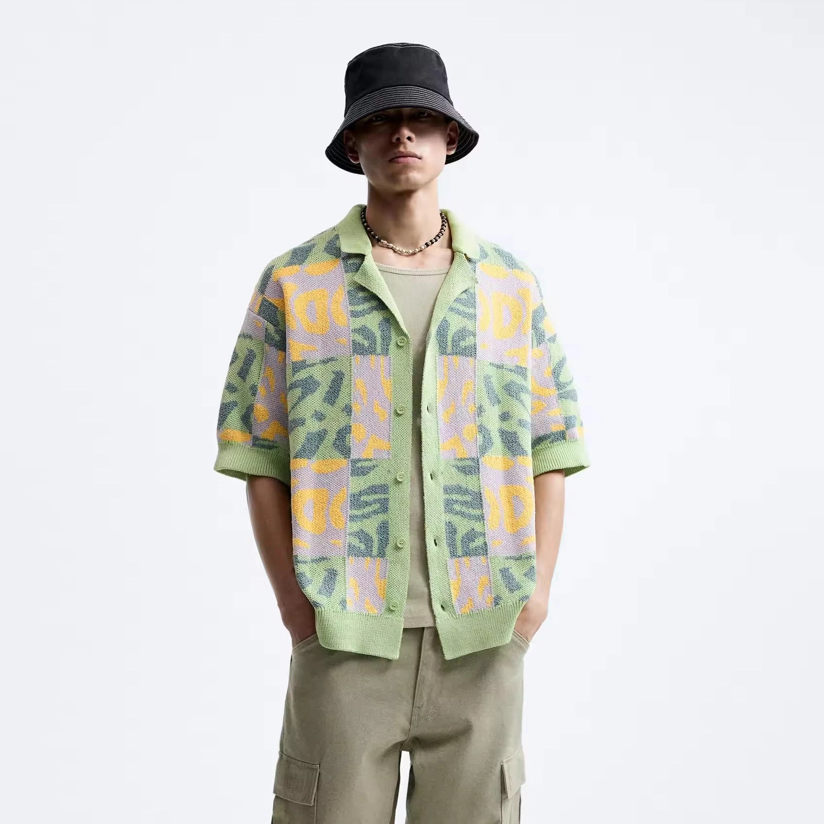 Custom Design logo Short Sleeve  Summer Men Knitwear Knitted Top PATCHWORK JACQUARD KNIT SHIRT