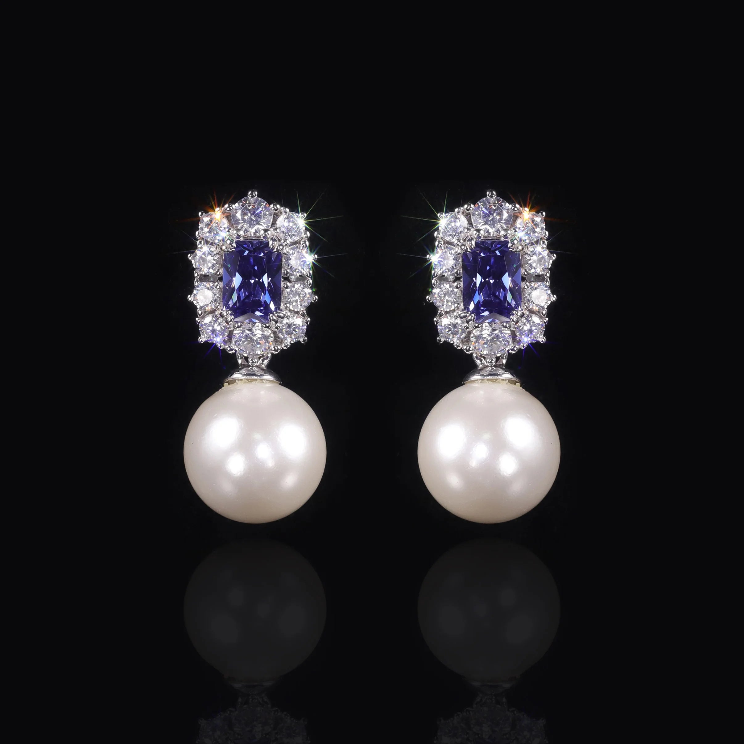 AE250 Factory Cheap Price 925 Silver Vintage Earrings Mix Lab Created Gemstone Tanzanite CZ 12mm Hanging Pearl Earrings