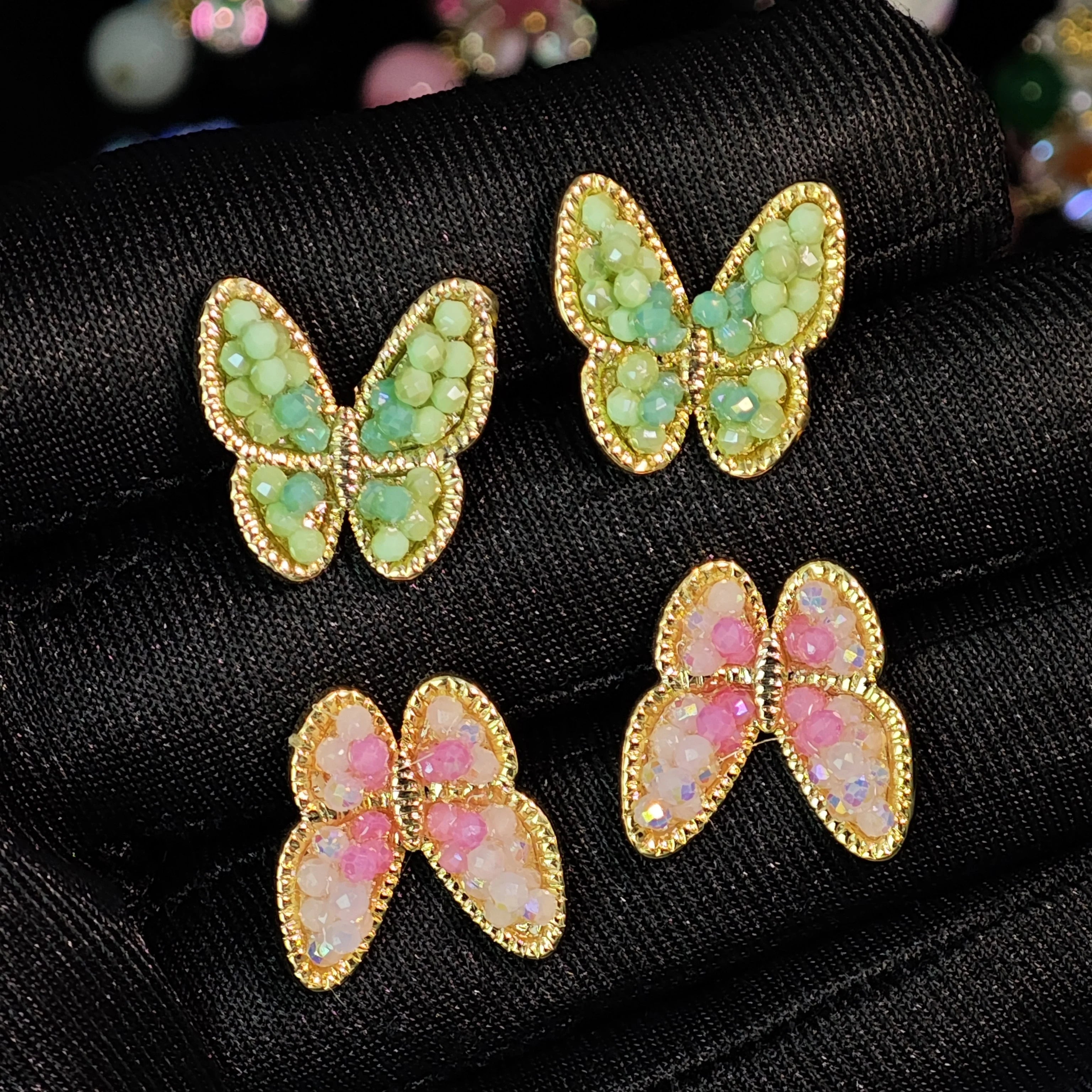 Ilona Hand Paved Micro Crystal Bead Butterfly Stud Earrings Tarnish Resistant Gold Plated Copper Cute Insect  Earrings for Girls