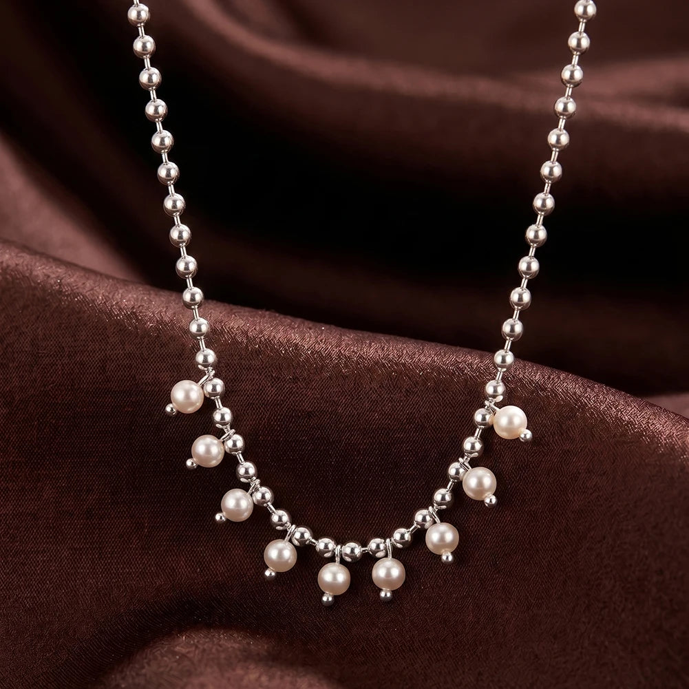 STPN12 304 Stainless Steel Necklace Handmade Shell Pearl Dangling Small Bead Ball Chain Chic Neck Accessory MegaBDM