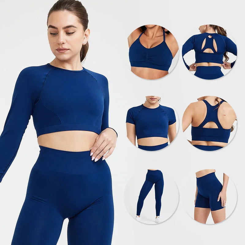 Wholesale 6 Piece Sets Long & Short Sleeve Yoga Set Sports Bra Leggings Women Butt Lift Seamless Gym Fitness Sets & Yoga Wear