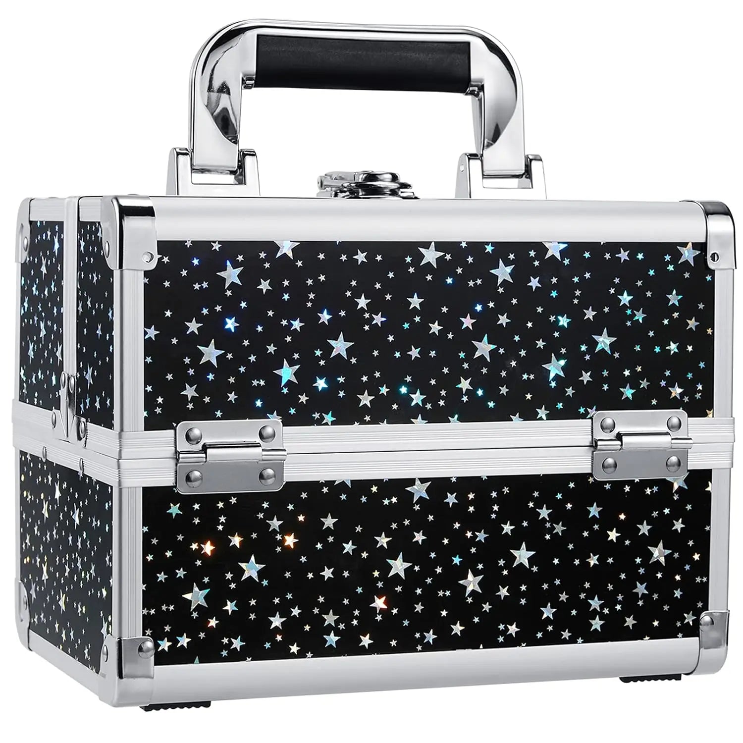 Portable Fashionable Train Case with 2 Lockable Trays and Mirror for Makeup Nail Tech Open Closure Type