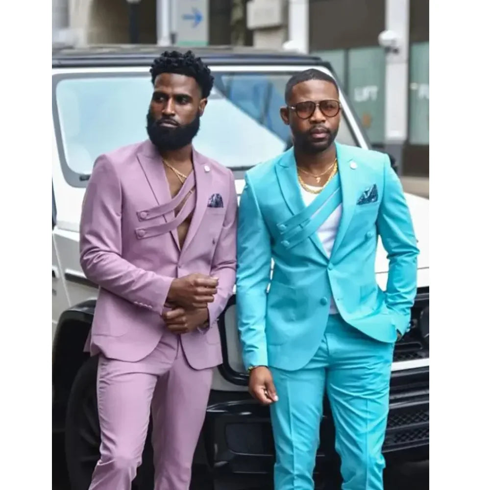 Luxury Peaked Lapel Men Suits With Belt Prom Party Wedding Groomsmen Outfits Elegant 2 Piece Jacket Pants Set Male Clothing