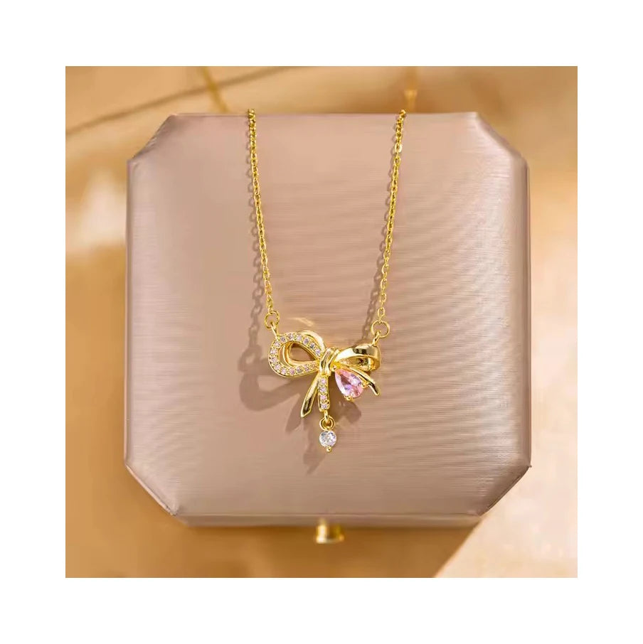 Fine Jewelry Bow Tie Necklace Waterproof Gold Plated Stainless Steel Chain Pink Diamond Bow Necklace for Girl Gift