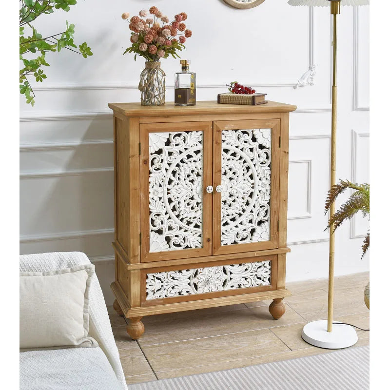 INNOVA Home Furniture Manufacture Rustic Solid Wood Carved 2 Door Storage Sideboard Buffet Cabinet with 1 Drawer