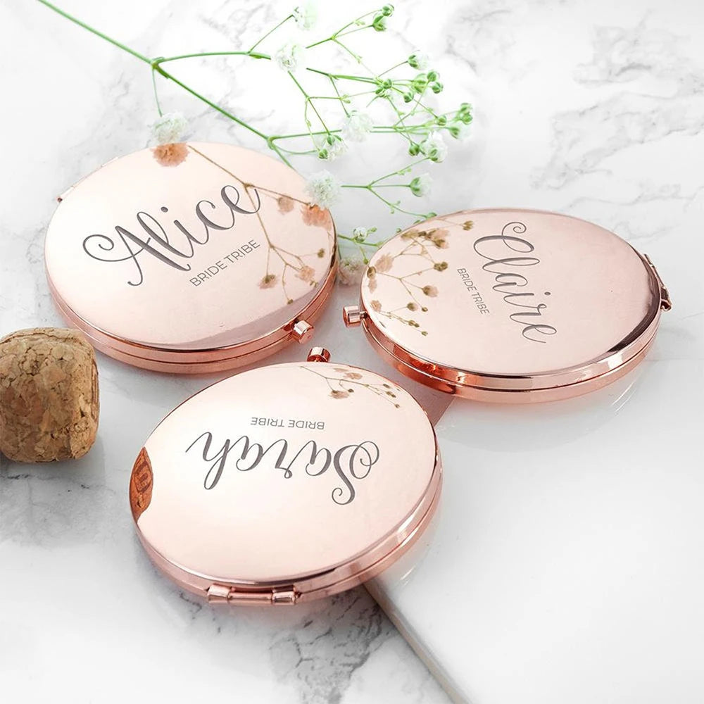 Personalized Mirror Cosmetic Round Rose Gold Pocket Make up Mirror for Bridesmaid Wedding Guest Gifts