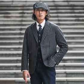 Classic British Retro Striped Padded Suit Business Casual Grey Wool Single Breasted Men's Slim Fit Suit blazer