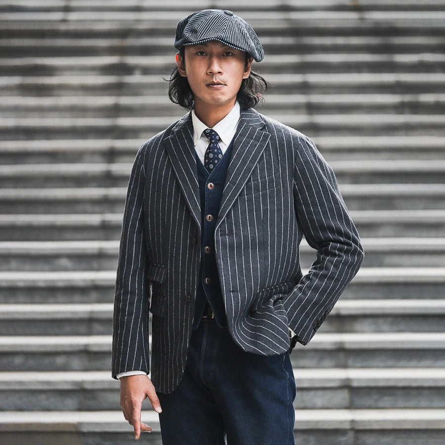 Classic British Retro Striped Padded Suit Business Casual Grey Wool Single Breasted Men's Slim Fit Suit blazer