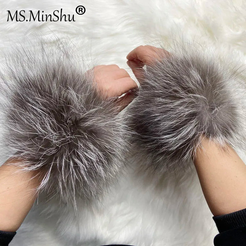 MWFur Fashion Fluffy Detachable Fox Fur Cuffs for Wrist Knitting Elastic Handmade Fox Fur Cuffs for Women