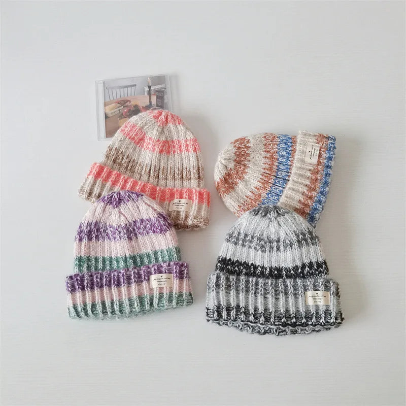 Landfond Accessory Autumn and Winter Mixed Color Matching Rolled Edge Ear protection Beanie Hat