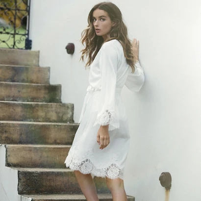 Fashion White 8190 Lace Robe for Bride for Wedding Party and Lace on the Sleeve and Hem