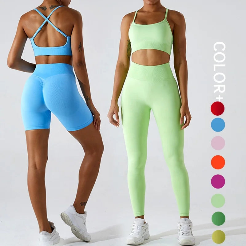 SHINBENE Seamless 2.0 Cloud Women 3Pcs Workout Outfits Sport Bra Yoga Shorts Leggings Sets