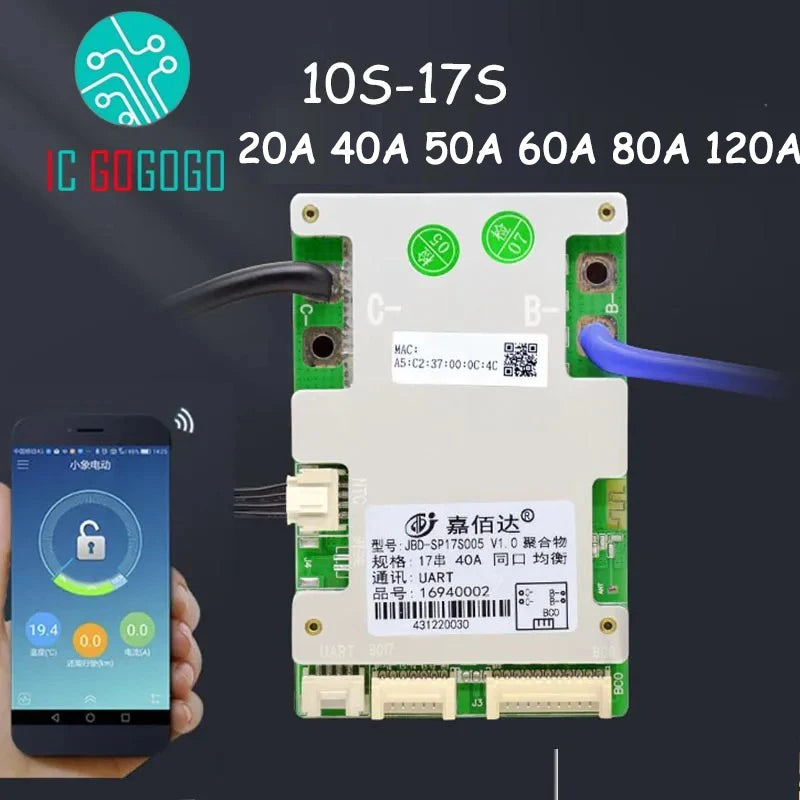 JBD 10S to 17S Lithium Ion Battery Protection Board 36V 48V 60V 13S 14S 16S Li-ion Lipo Smart BMS with Bluetooth APP UART PC