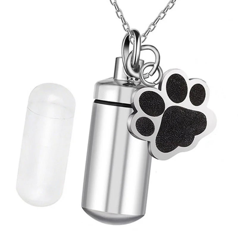 Hot Selling Titanium Steel Memorial Family Pet Urn Pendant Can Open Cylinder Claw Print Perfume Bottle Necklace