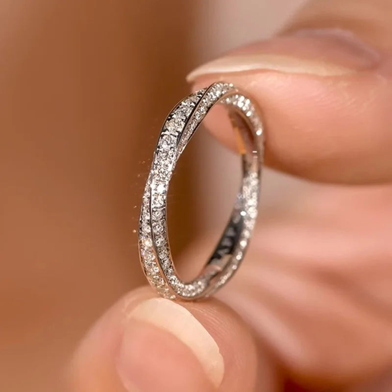 CAOSHI Exquisite Cross Twist Design Bling Cubic Zirconia Silver Plated Eternity Band Rings for Wedding Engagement CZ Rings Women