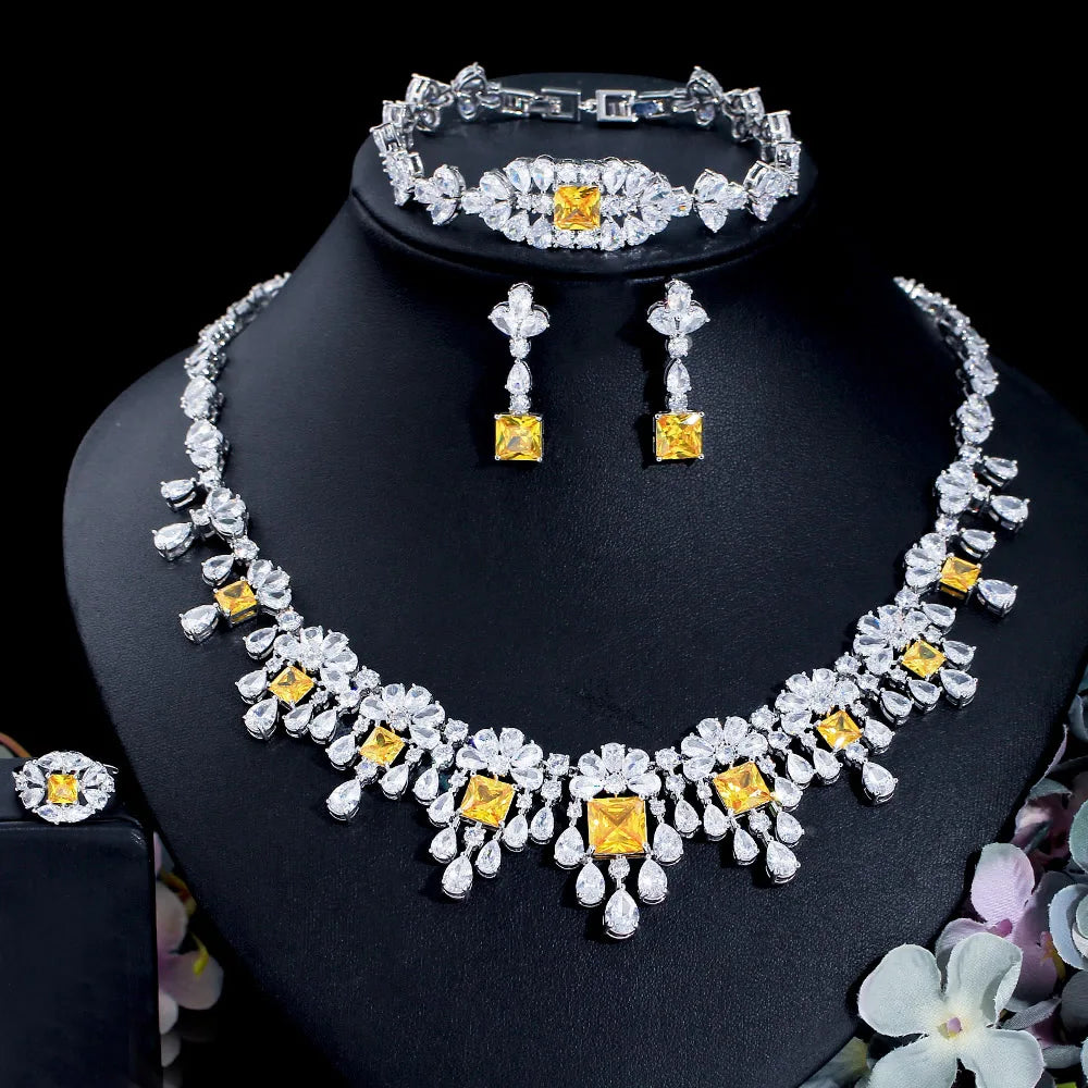 2024 New 4pcs Set Water Drop Yellow Cubic Zircon Brass Necklace Earrings Bracelet and Ring Jewelry Set for Women Bridal Wedding