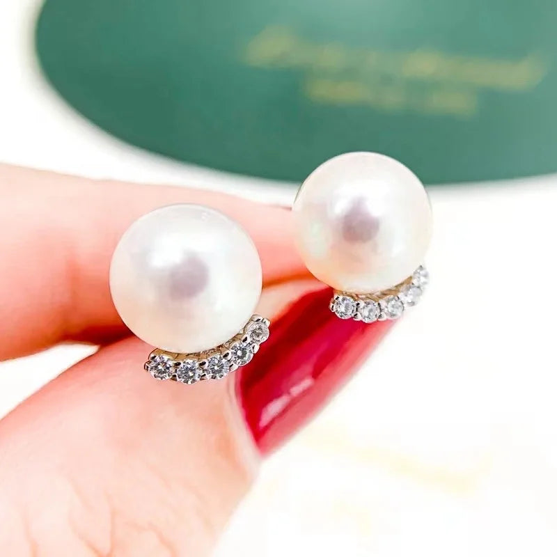 E1790 8-9mm DIY Natural Freshwater Pearl Charm Earrings Mounting Accessory 925 Sterling Silver Gold Plated  Jewelry for Women