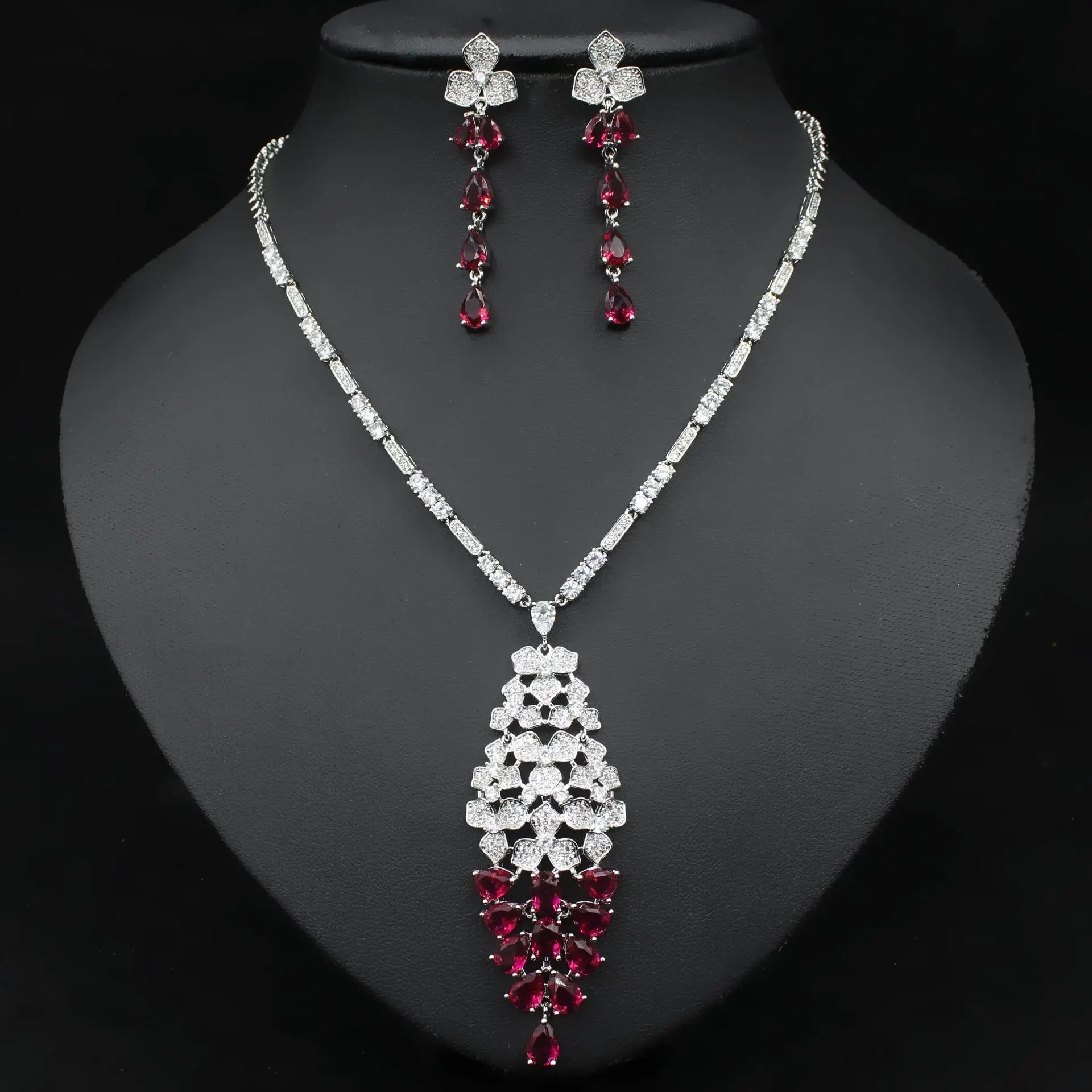 Jachon Bridal Wedding Fringe Sapphire Blue Zircon Women's Necklace Earrings Set