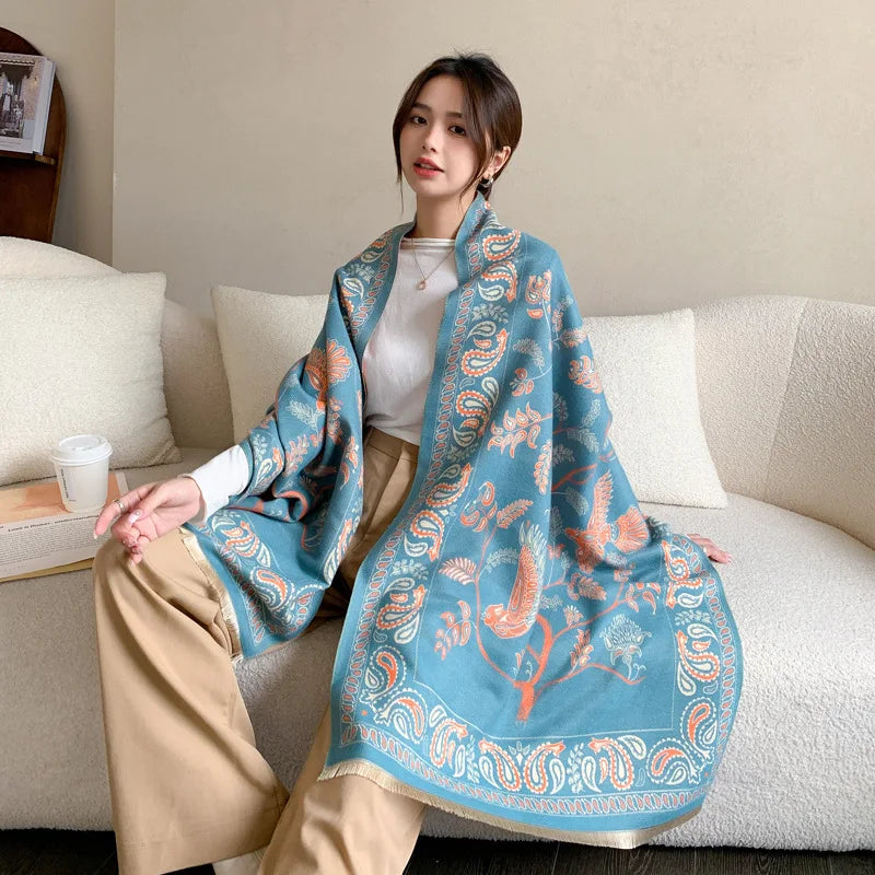 2025 New Winter Shawl 180*65cm Ethnic Style Imitation Cashmere Scarf Women's Blue Bird Cashew Nut Warm Scarf