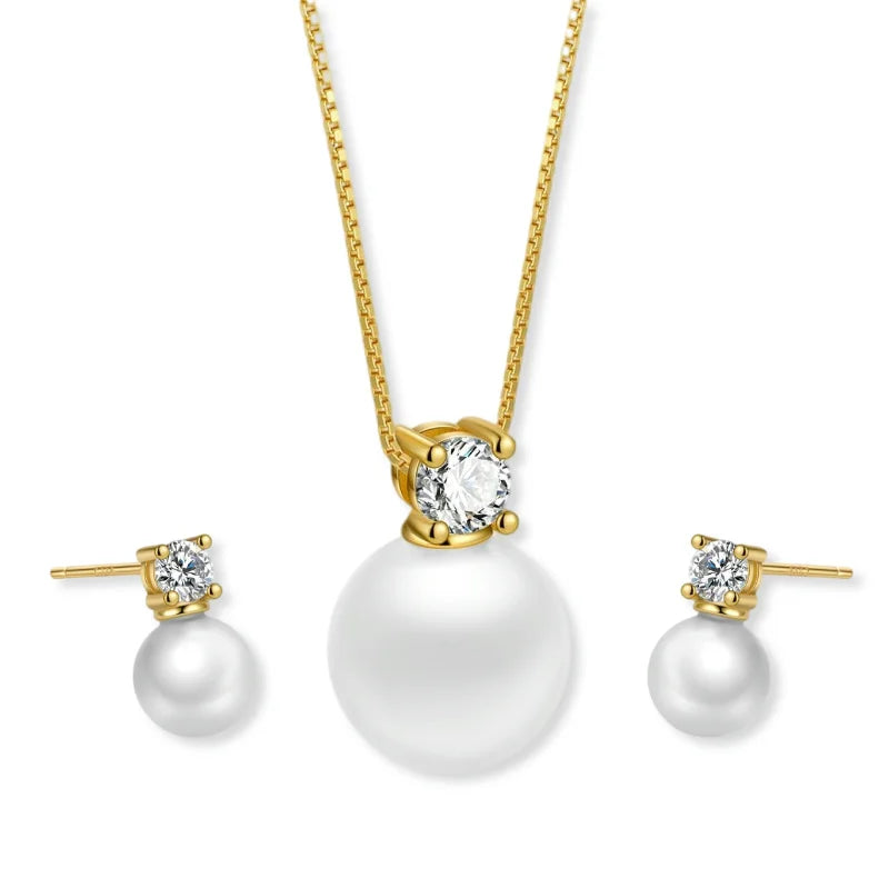 Dainty Pearl Earrings Necklace Set 925 Sterling Silver Cubic Zirconia Stud Shell Pearl Box Chain for Women Mom Fine Jewelry