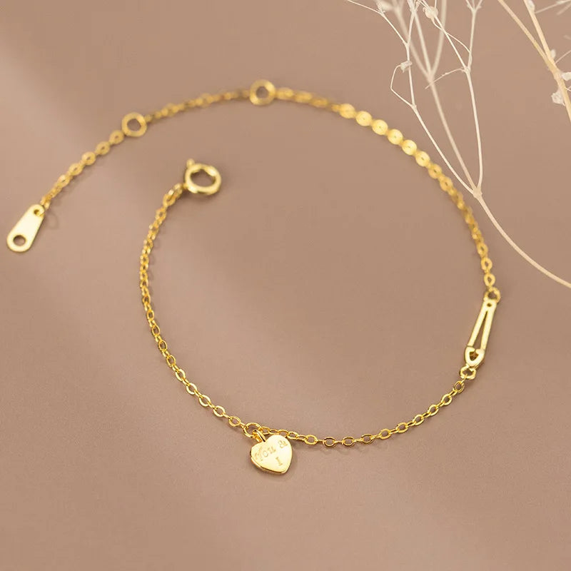 925 Sterling Silver You and & I love Heart and Pin Charm Gold Plated Bracelets for Women Valentine's Day Girt