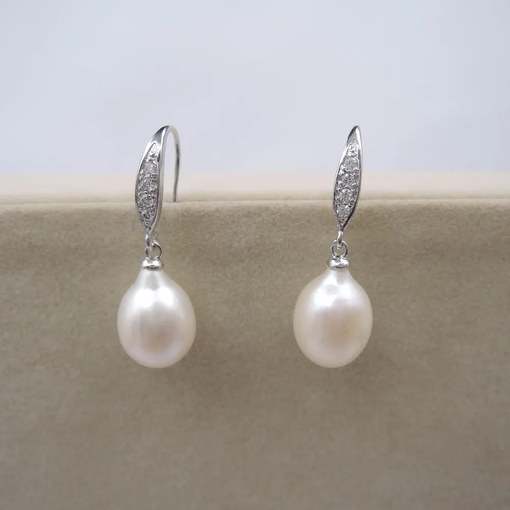 925 Sterling Silver Natural Rice Pearl Earring Wholesales High Luster 8-9 mm AAA Natural Freshwater Pearl MegaBDM