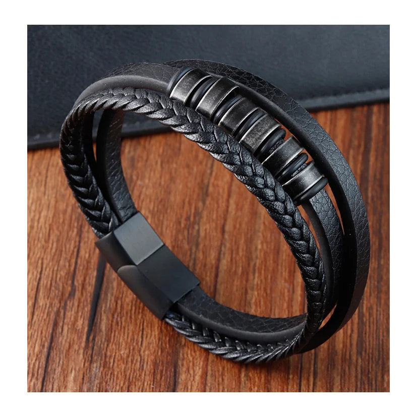 Multilayer Stainless Steel Men's Leather Cuff Bracelet Hand-woven Black Genuine Leather Braided Bracelet Mens Jewelry