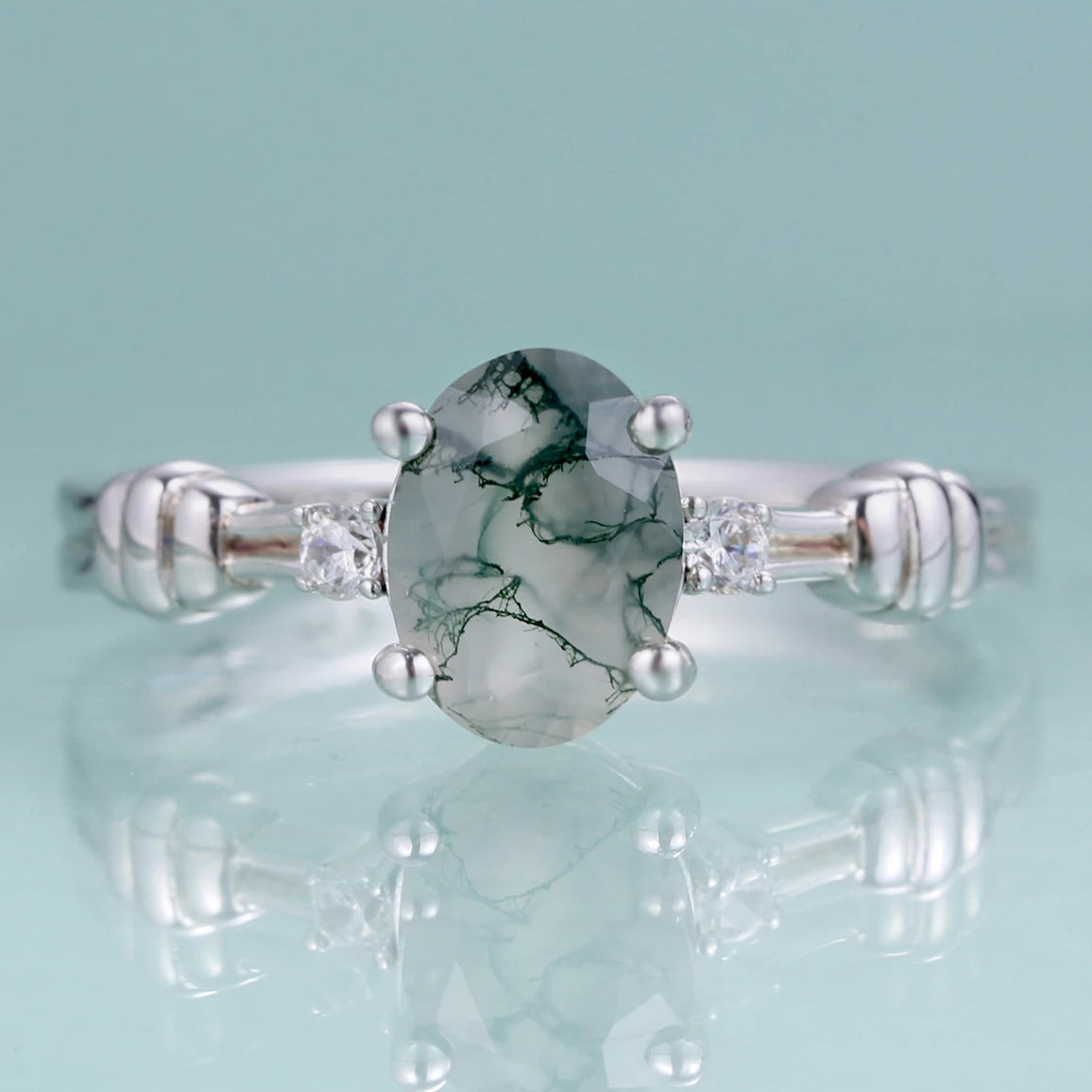 C893 Superior Workmanship Natural Gemstone Silver and Moss Agate Rings China Ring Factory Moss Agate Silver Ring