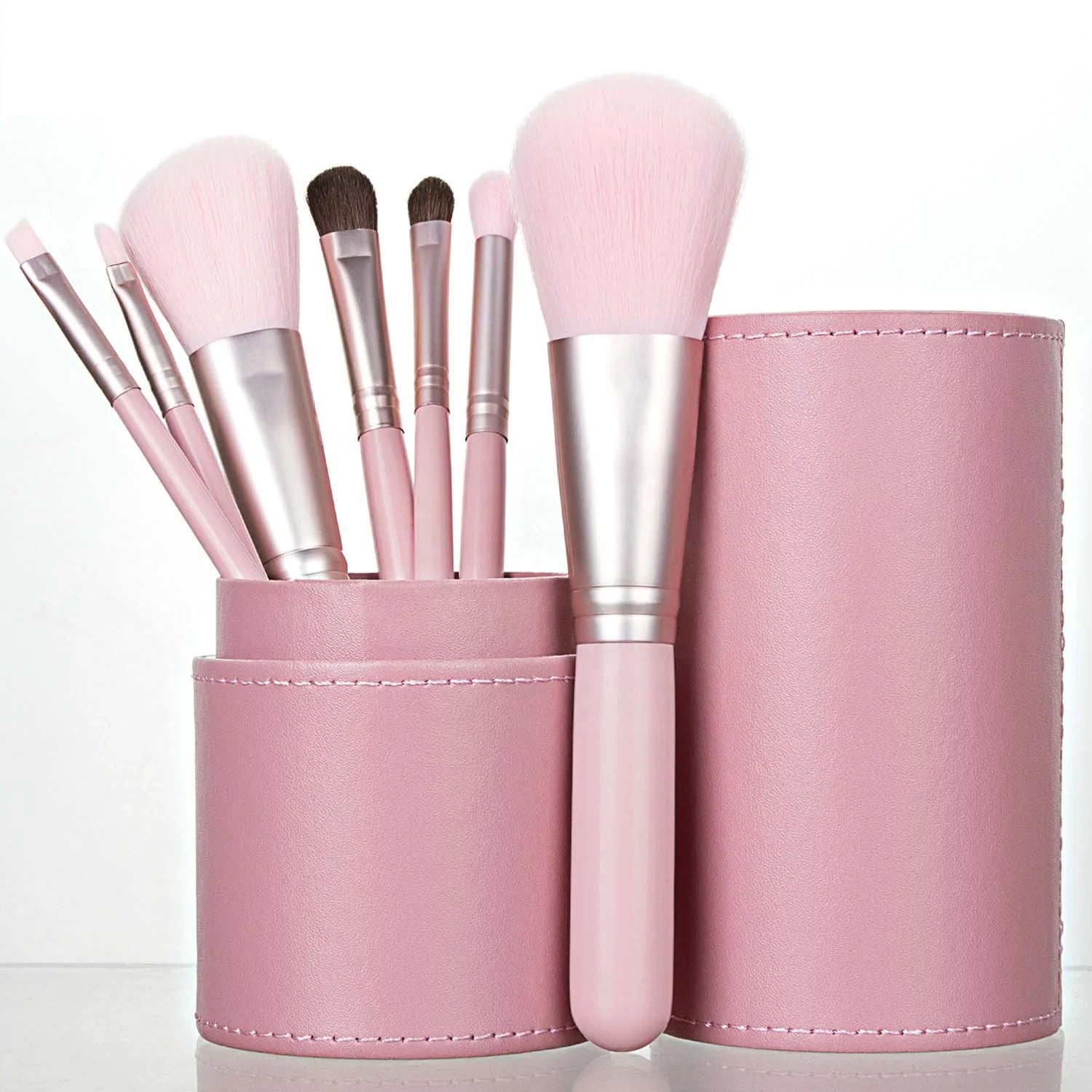 No Label Makeup Brush Set with PU Leather Cylinder Pink Face Eye Shadow 7 Piece Trade Assurance Synthetic Hair Skin-friendly