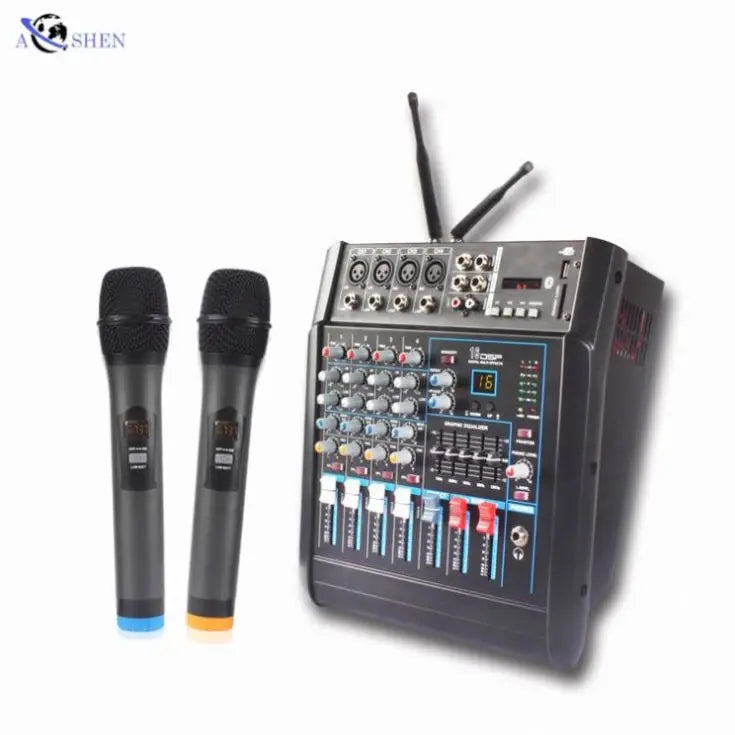 Factory  Professional Build in Power Amplifier 4 Channel Audio Mixer With 2 Wireless Microphone for Dj Show Stage Power Mixer
