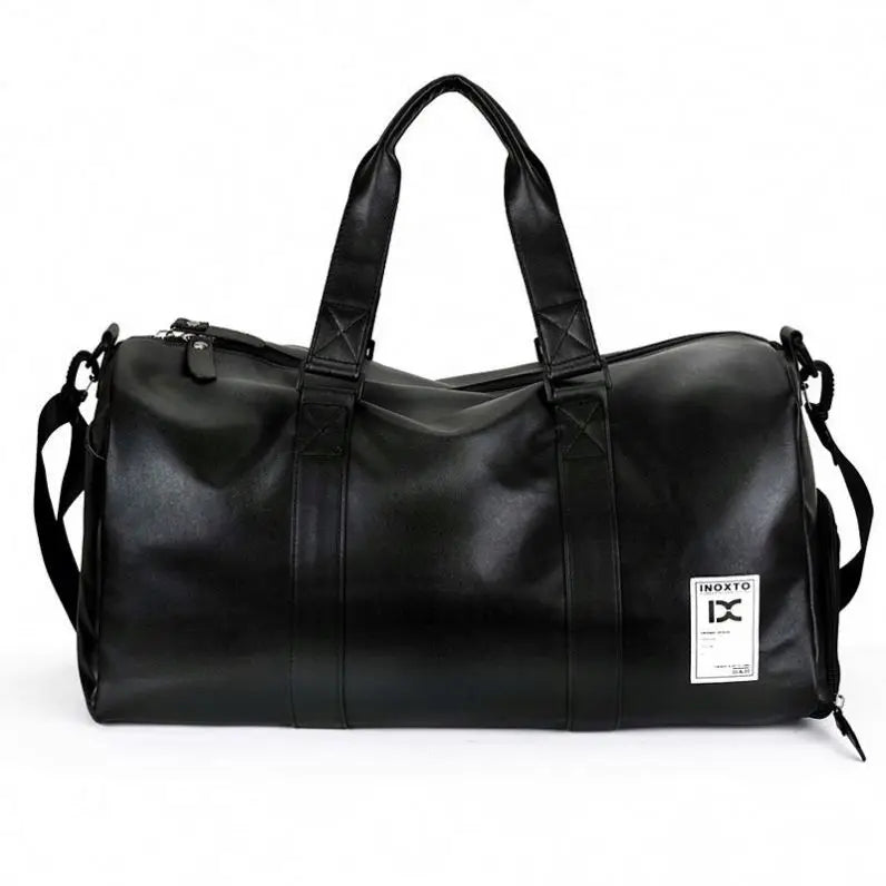 Large Capacity Mens Black PU Leather Duffle Bag Weekend Gym Bag Durable Zipper Closure Shoe Compartment Sport Style Polyester