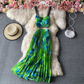 Wholesale 2026 Summer Seaside Vacation Printed Camisole Tank Top Sleeveless Two Piece Elegant Pleated Skirt Women's Suit