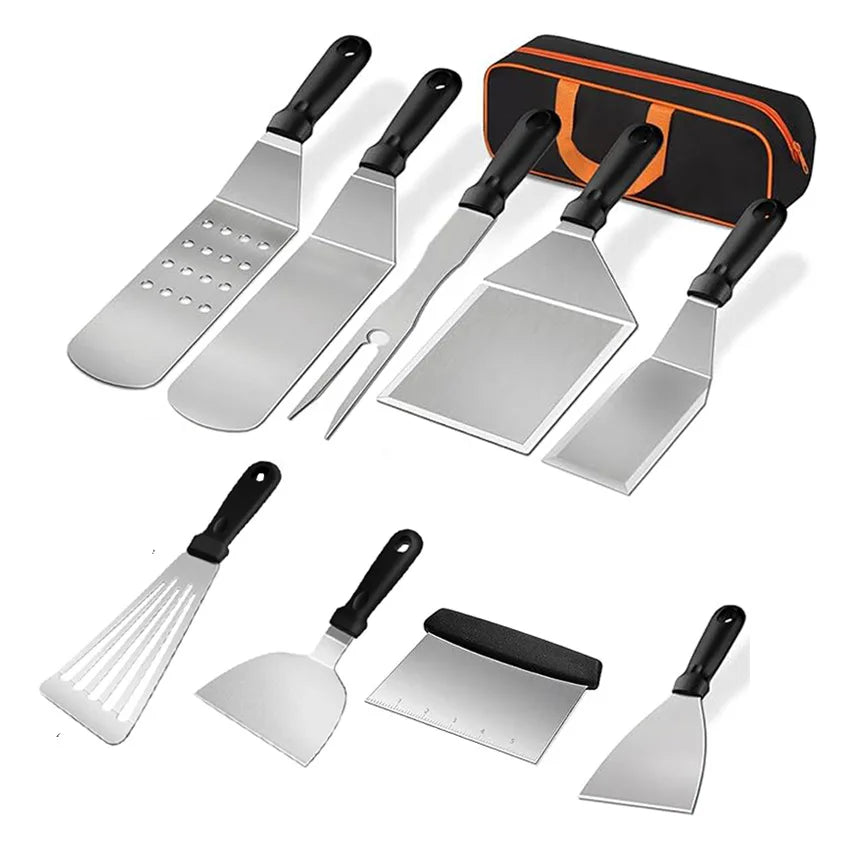 Outdoor BBQ Stainless Steel Tool Set Metal Shovel and Skewer Sticks for Teppanyaki Kitchen Cleaning Bag Packed