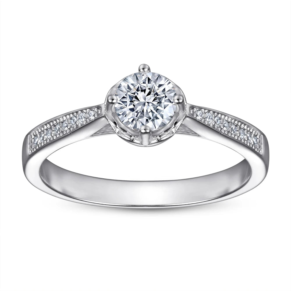 Simple Round Cut 5.5mm Four Prongs Customized Engrave Logo Silver Ring for Couple