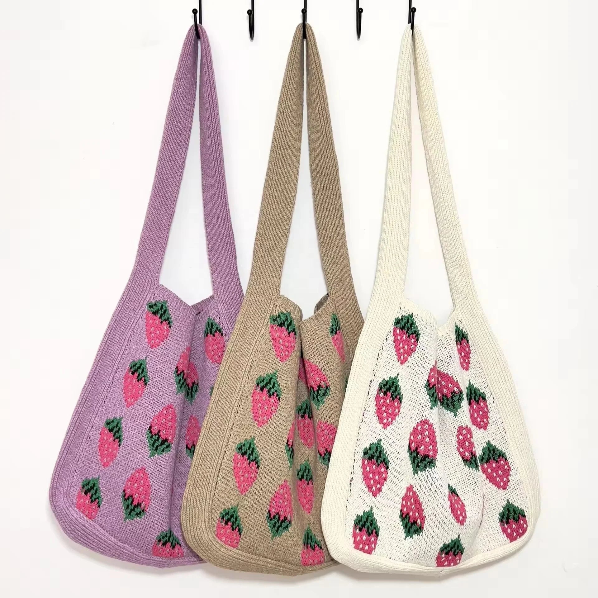 Factory Wholesale Strawberry Pattern Knitted Crochet Tote Bag for Girls Women New Design Vintage Fashionable Portable Shoulder