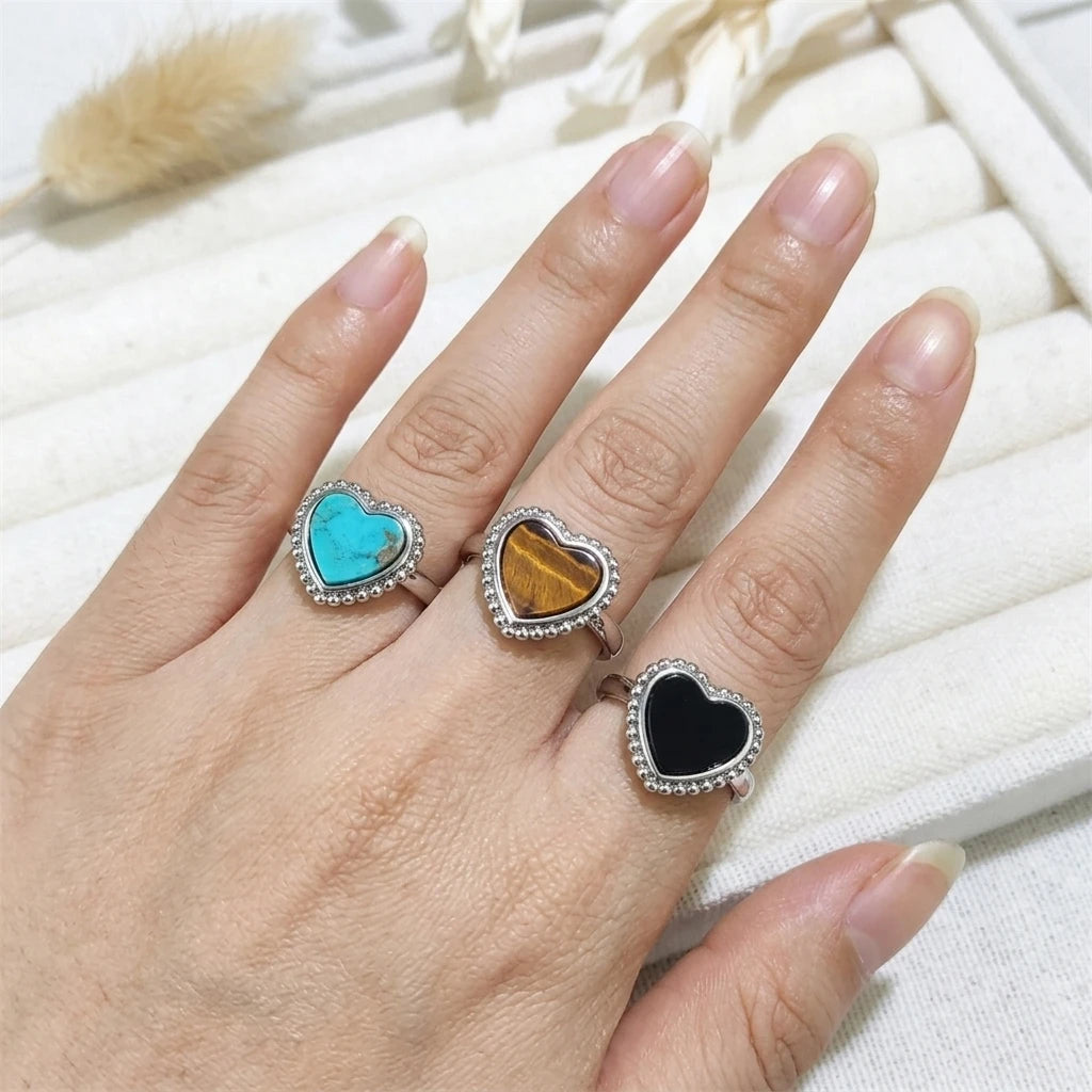 Simple Design Natural Gemstone Bohemian Style Silver Plated Heart Shape Ring with Tiger Eye Red Jasper Turquoise Gift for Her