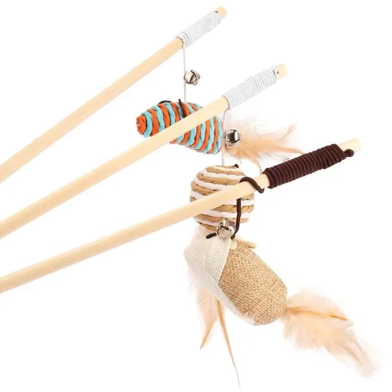 RTS Factory Direct Sale Wooden Mouse With a Sounding Bell the Cat Charmer Wand Interactive Cat Teaser Toys
