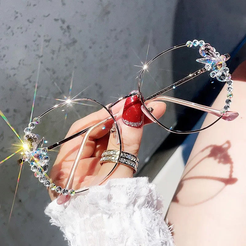 2026 Luxury Design Round Metal Diamond Optical Frame Anti Blue Light Glasses for Women