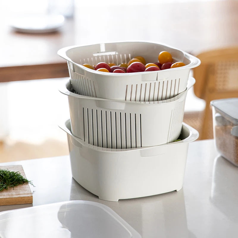 For SHIMOYAMA 2-Tier Plastic Fruit Veggies Washing Storage Box Kitchen Accessories Tools Sink Draining Basket Dish Washing Basin