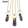 WT-N1266 Gorgeous New Big Amethyst Point Energy Stone Necklace Lady Lucky Stone Necklace With Gold Plated in 18 Inch Long