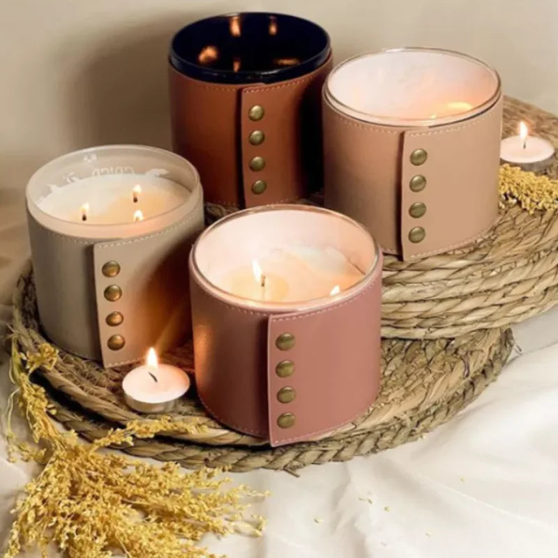 PU Leather Glass Hurricane Cylinder Sleeve Candle Christmas Jar Candle Sleeve Covers for Home Garden