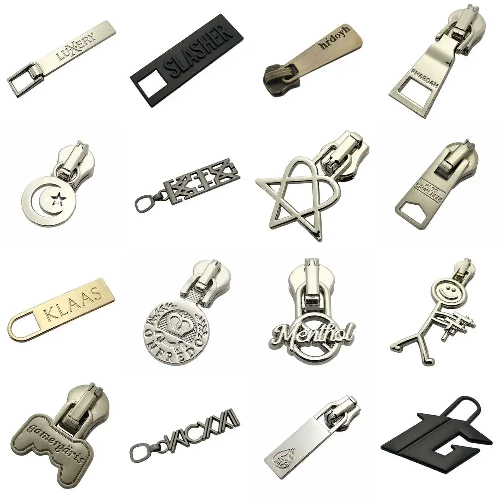Fancy Style Customize Brand logo Stamped Metal Zipper Locking Slider Puller for Handbags / Luggage