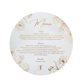 Elegant White Round Paper Menu Cards Personalized Logo Gold Foil Text Music Cross Angel Styles for Wedding Birthday Events