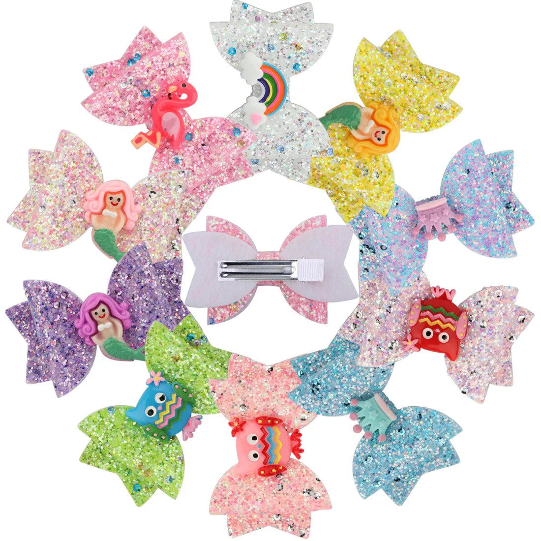 10-Colour Glitter Hair Bows for Girls Mermaid Swan Rainbow Alligator Hair Clips for Cartoon Party Hairdressing From Boutique
