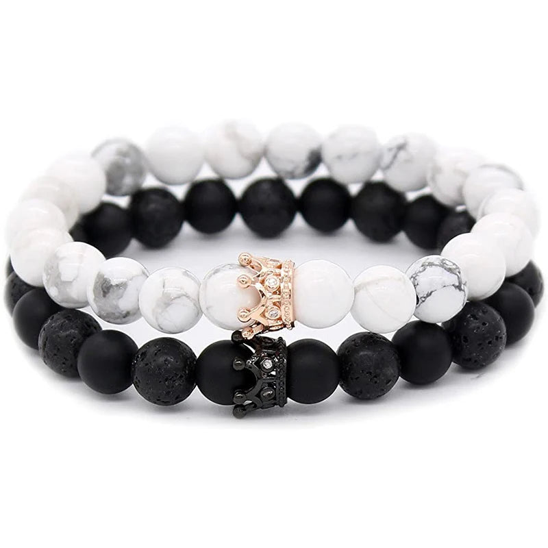 Hot Sale Natural Stone CZ Crown King Queen Beads His Hers Couple Bracelet for Women