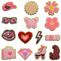 New  Iron on Brilliant pink  Style Gold Edge Hat Flower Lighting Handbag Skater Sun Glass  Chenille Patch for Clothing Bag